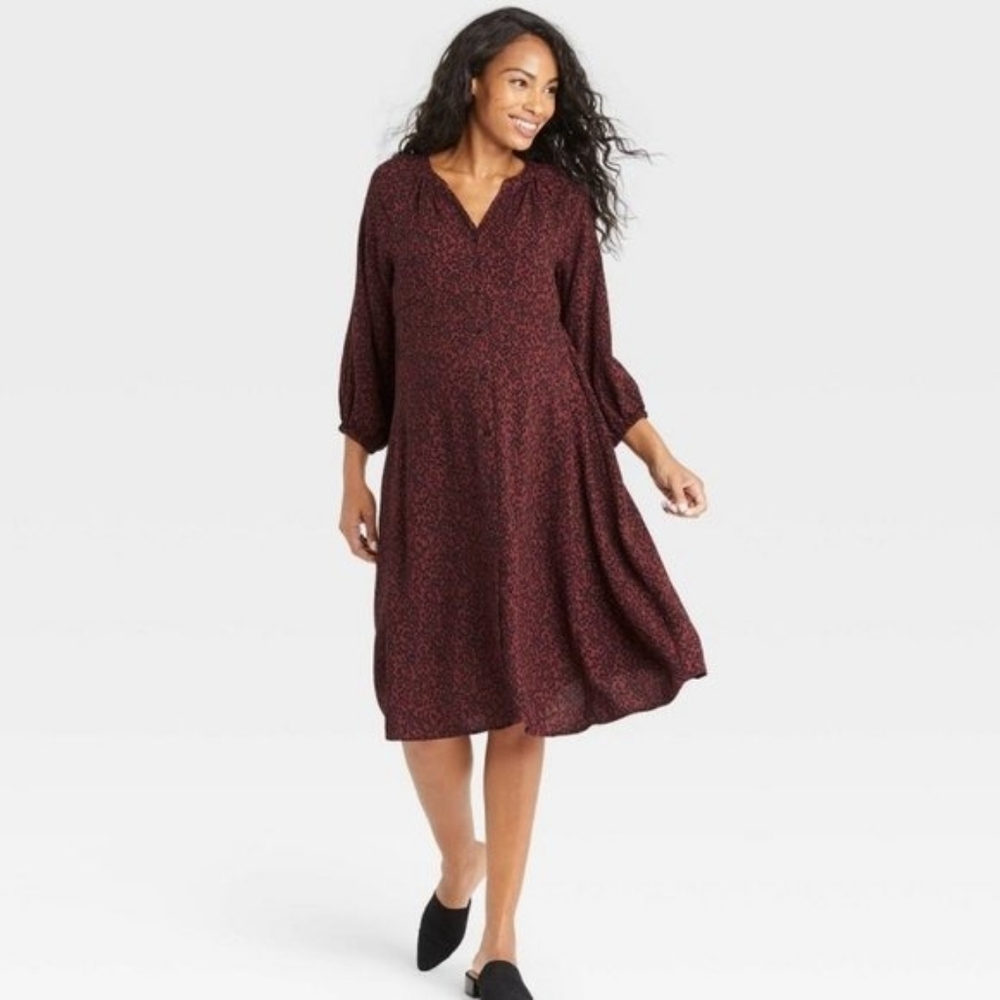 The Nines by Hatch Maternity Button Front V-Neck Leopard Midi Dress Size Small